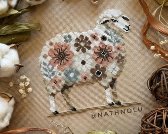 Flower Sheep Cross Stitch Pattern, Floral Lamb Embroidery, Blooming Ewe, Farm Animal (Digital PDF)