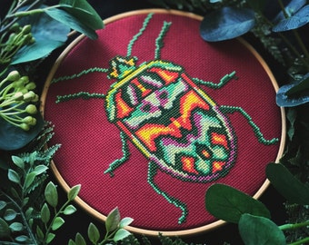 Green Neon Bug Cross Stitch Pattern PDF, Colorful Geometric Beetle Cross Stitch Art, Abstract Insect Embroidery Design, DIY Entomology Decor