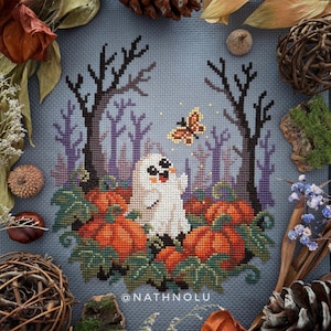 Ghost & Pumpkin Field Cross Stitch Pattern, Spirit, Moth, Mystical Forest, Halloween Embroidery (PDF Digital)