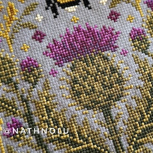 Whimsical insects cross stitch pattern combining a bumblebee, thistle blossoms, and decorative floral symmetry.