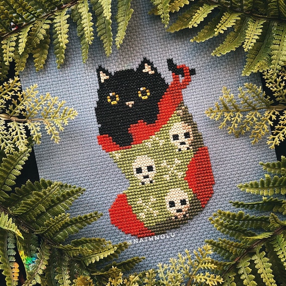 Black Cat in a Sock Cross stitch Pattern PDF - Instant Download, Creepy Christmas Ornament, Cute Gothic Kitten, Witchy Gift, Skeleton, Bones
