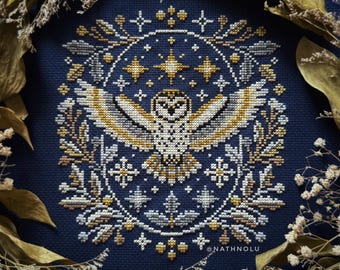 Barn Owl Cross Stitch Pattern, Winter Woodland Bird and Starry Night Embroidery (PDF Pattern)