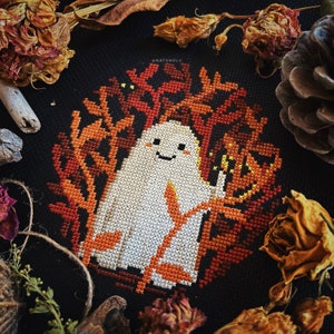 Cute ghost with candle cross stitch pattern for spooky fall decor