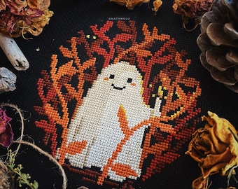 Fall Cute Ghost Cross Stitch Pattern PDF, Instant Download, Spooky Season Halloween, Witch, Creepy Watcher, Dark Forest Pagan, Gothic Autumn