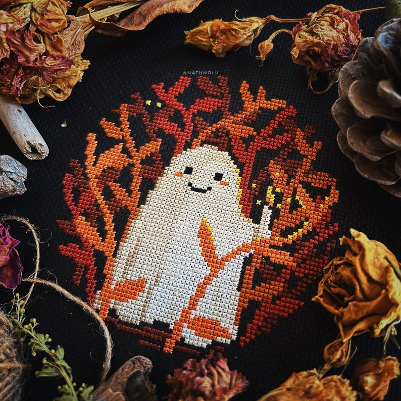 Cute ghost with candle cross stitch pattern for spooky fall decor