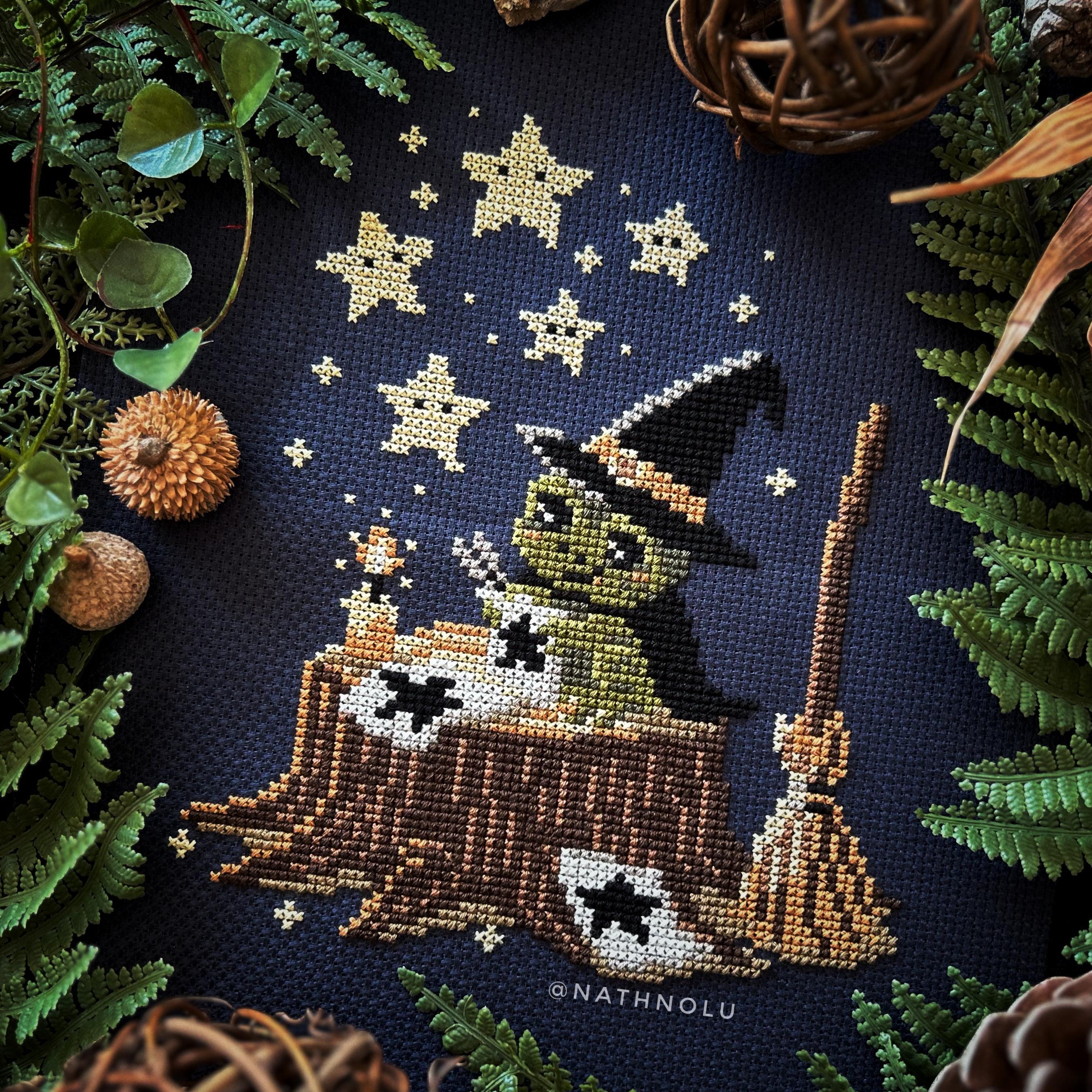Star Witch Frog Cross Stitch Pattern PDF - Instant Download, Tiny Wizard Toad on a Stump Embroidery, Magic Spell, Fairy Forest, Broom Gothic