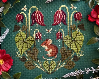 Field Mouse and Meadow Flowers Cross Stitch Pattern, Garden Mice Embroidery (PDF Digital Download)