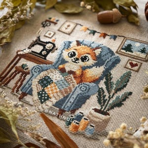 Woodland cottagecore embroidery design showing the fox creating a handmade quilt in a comfy chair.