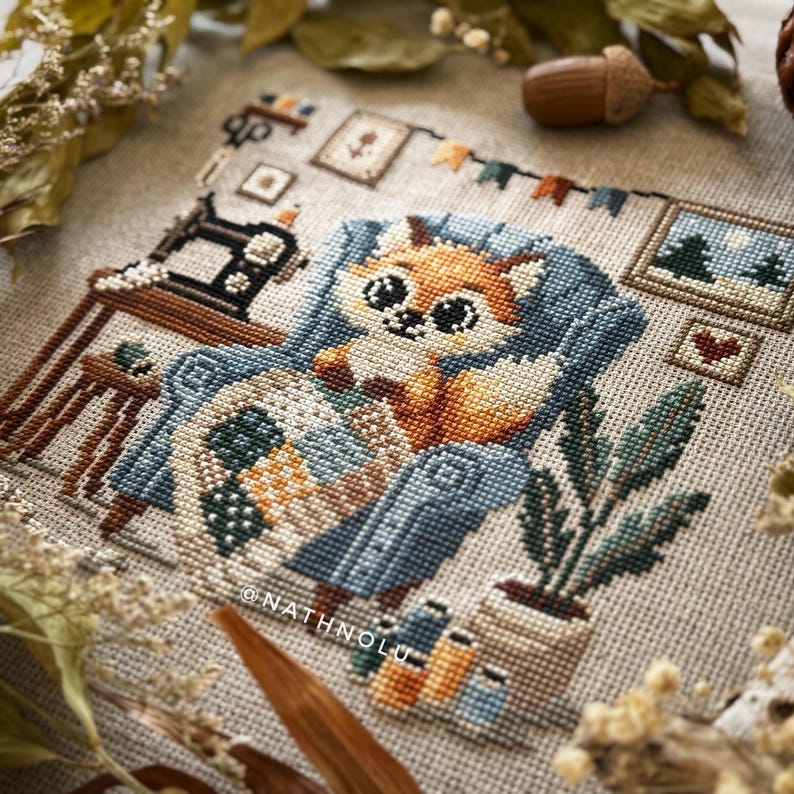 Woodland cottagecore embroidery design showing the fox creating a handmade quilt in a comfy chair.