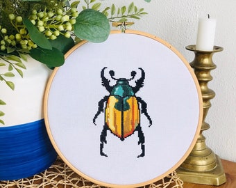 Modern Cross Stitch Pattern Yellow Bug, Cross Stitch Pattern PDF Instant Download, Bug Cross Stitch, Beetle Pattern, Easy Cross Stitch