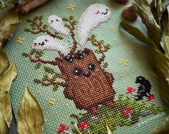 Spirited Stump Cross Stitch Patroon PDF - Instant Download, Woodland Mystieke Demon, Magisch Bos, Spoken, Paddestoelen, Raven, Schattige Hekserij