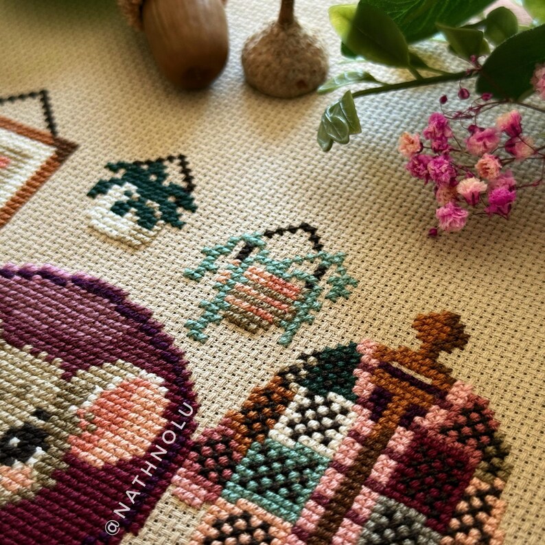 Crochet lover gift embroidery pattern with whimsical mouse, handmade sweater, and crafting accessories and home plants