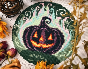 Magic Pumpkin Ornament Halloween Cross Stitch Pattern, Gothic Creepy Fall Embroidery, Dark Purple Spooky Pumpkin Decor, Instant Download PDF