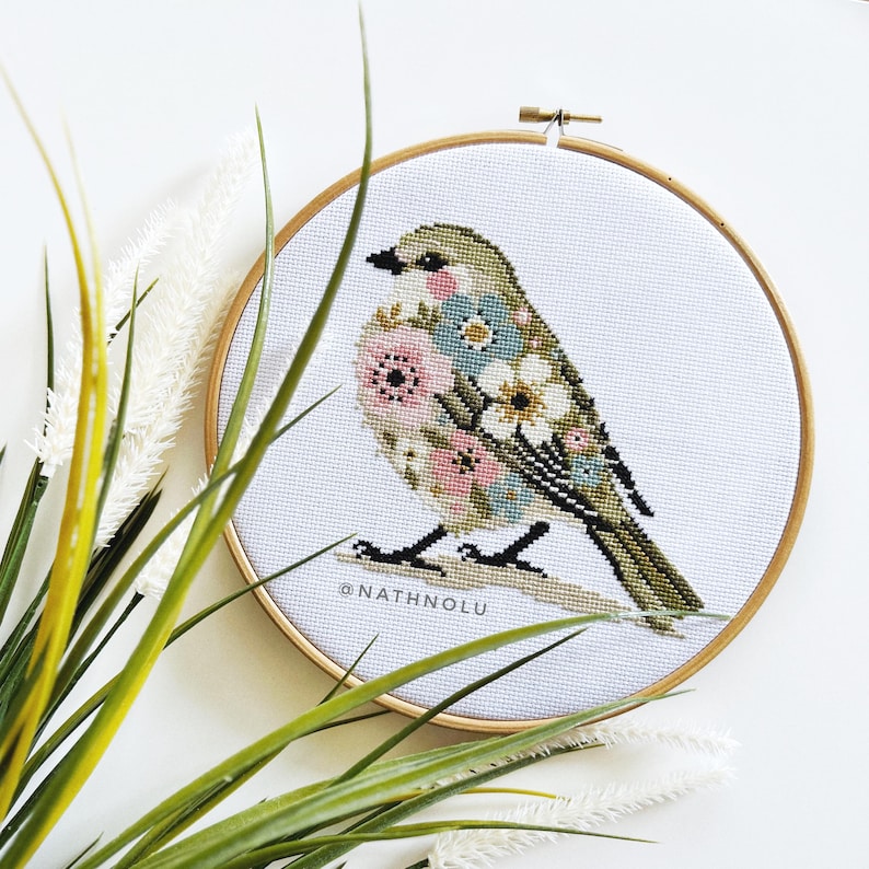 Pretty birdie decor embroidery design, featuring a cozy, pastel-colored bird perfect for spring-themed crafting