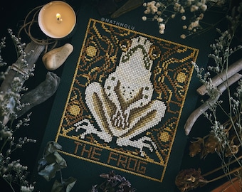 The Frog Tarot Cross Stitch Pattern PDF - Instant Download - Spooky Toad Gothic Witchy Modern Embroidery Design, Creepy Dark Aesthetic Chart