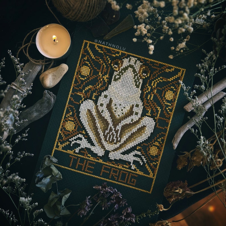 Frog Tarot cross stitch pattern with spooky gothic design