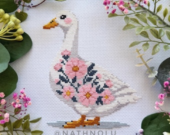 Flower Duck Cross Stitch Pattern, Floral White Goose, Blooming Farm Bird Embroidery (Digital PDF)