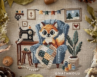 Quilting Fox Cross Stitch Pattern PDF - Instant Download - Whimsical Woodland Animal with Patchwork Blanket Embroidery Design, Sewing Hobby