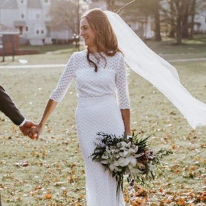 Elegant white wedding dress, open-back, retro, long sleeve, bodycon, bohemian wedding image 1