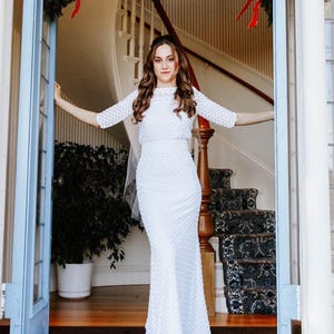 Elegant white wedding dress, open-back, retro, long sleeve, bodycon, bohemian wedding image 4