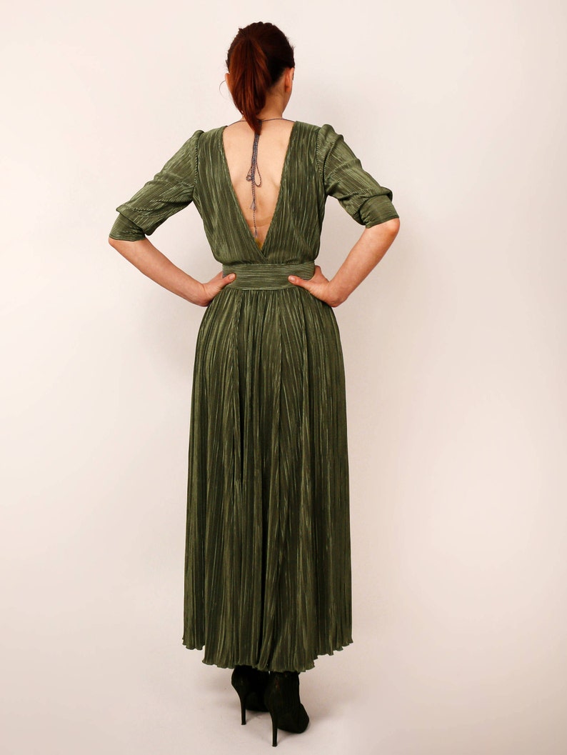 Mid calf dress, green dress, backless dress, retro dress, simple dress, cocktail dress, sleeve, boat neckline, high low hem dress image 3