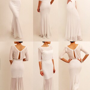 May include: A white, textured, floor-length gown with a fitted bodice and a flared skirt. The dress features a boat neckline, three-quarter sleeves, and a keyhole back. The fabric has a subtle, dotted pattern, and the dress is shown from multiple angles.