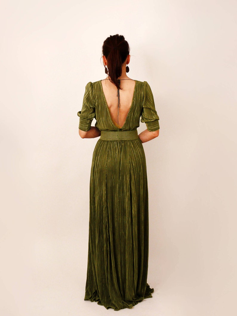 Floor length dress, long green dress, backless dress, simple dress, sleeve, boat neckline, occasion dress, bridesmaid dress, elegant dress image 4