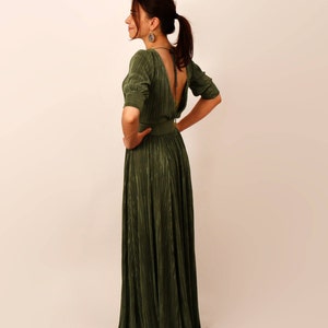 Floor length dress, long green dress, backless dress, simple dress, sleeve, boat neckline, occasion dress, bridesmaid dress, elegant dress image 3