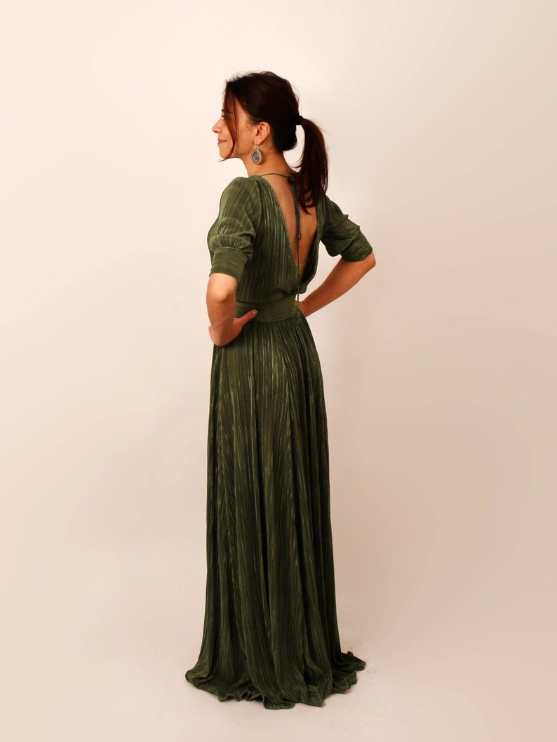 Floor length dress, long green dress, backless dress, simple dress, sleeve, boat neckline, occasion dress, bridesmaid dress, elegant dress image 3