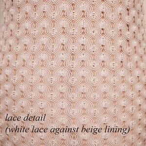 May include: Close-up of a white lace dress with a beige lining. The lace features a repeating pattern of circular designs. The text "lace detail (white lace against beige lining)" is visible at the bottom of the image.