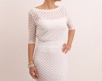 white knee length pencil dress White Contrast-Waist Blazer Pencil Dress Loveiss