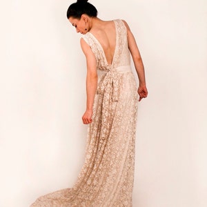 Boho lace wedding dress with elegant train, bohemian wedding dress, cleavage dress, open-back, beige wedding dress, retro lace dress