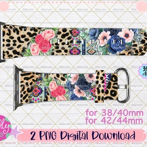 May include: Two digital download images of an Apple Watch band design featuring a leopard print, floral and geometric pattern. The design is available in two sizes: 38/40mm and 42/44mm. The images are 300 dpi.