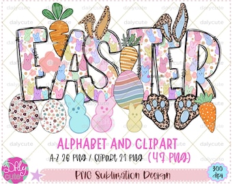 Easter Alphabet Letters PNG, Easter Eggs, Easter Bunny, Hand Drawn Doodle, Alpha Set Designs, Groovy Easter, Easter Letters Clipart, Kids