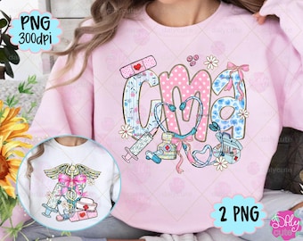 CMA png, preppy CMA-lentebloem, gecertificeerde medische assistent, preppy bloemenverpleegkundige stethoscoop blauw en roze digitaal ontwerp