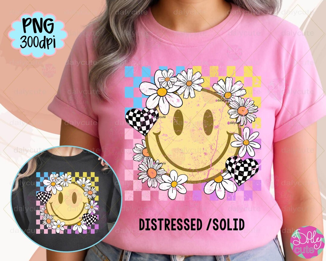 Spring Summer PNG, Retro Smiley Face Checkered Flower Daisy Flower ...