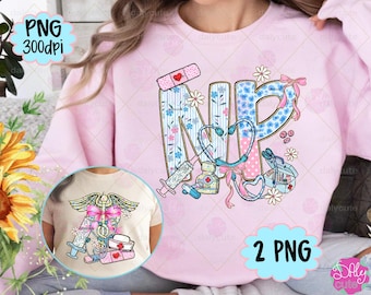 Nurse Practitioner png, preppy bloemen lente, NP png verpleegkundige stethoscoop doodle Grandmillennial blauw, medisch shirt verpleegkundige week cadeau