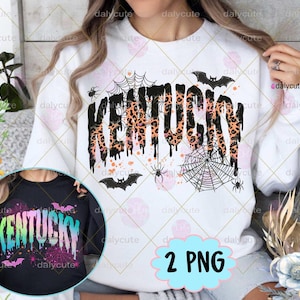 Peut inclure: Sweat-shirt blanc avec le mot "KENTUCKY" dans un motif dégoulinant à imprimé léopard, avec des chauves-souris, des araignées et des toiles d'araignées. Une petite image montre un sweat-shirt noir avec "KENTUCKY" dans un design dégoulinant coloré.