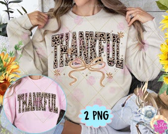 Fall Leopard Thankful PNG, Coquette Fall Floral Design Brushstroke, Girly, Bow, Cheetah Sublimation