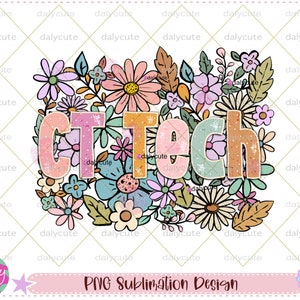 Puede incluir: Un diseño floral colorido con el texto "CT Tech" en una fuente brillante. Las flores son en tonos de rosa, azul, amarillo y verde.