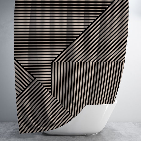 Black and tan geometric striped graphic shower curtain