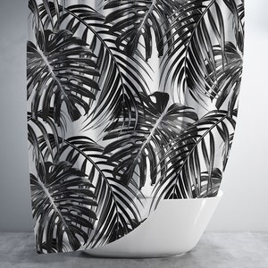Tropical leaf black and white shower curtain