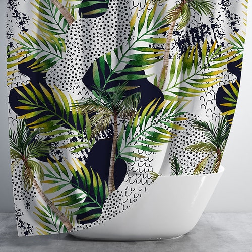 Black and White Floral Shower Curtain With Bath Mat Floral Etsy