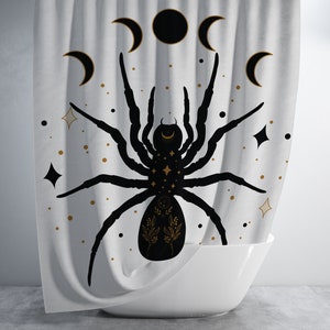 Black Spider Moon Phase Shower Curtain - Halloween Decor - Witchy Shower Curtain - Astrology Aesthetic - Goth Shower Curtain