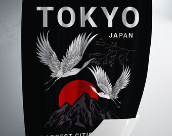 May include: Black shower curtain with a white graphic of two cranes flying over a red sun and purple mountains. The text "TOKYO JAPAN" and "LARGEST CITY" is printed on the curtain.