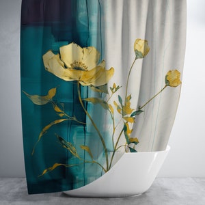 Teal and Yellow Floral Painting Shower Curtain - Boho Shower Curtain -  Bold Decor - Eclectic Shower Curtain - Minimalist Home Aesthetic