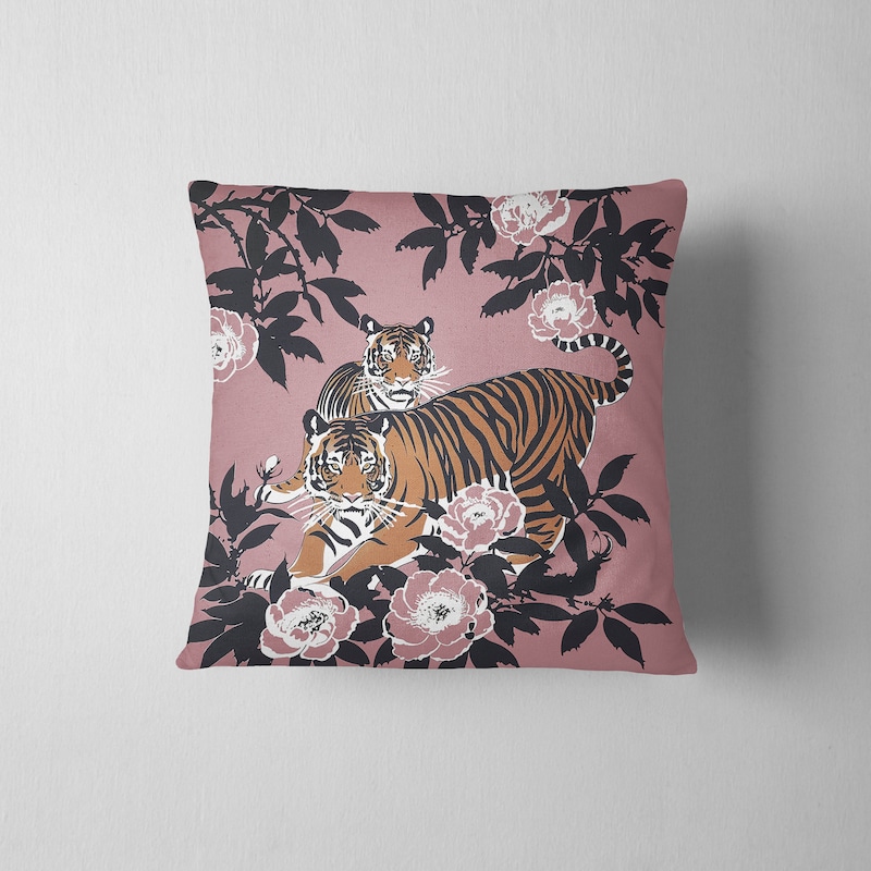 Jungle Tiger Woven Pillow in Pink