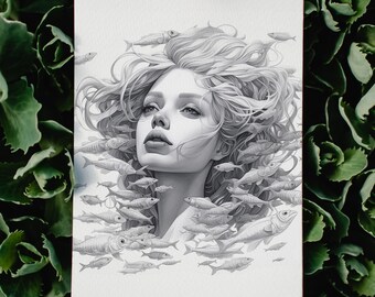 Portrait of a Pisces Woman - Digital Download - Art Print - Framed Art - Zodiac Artwork - Black and White Art - Gallery Wall