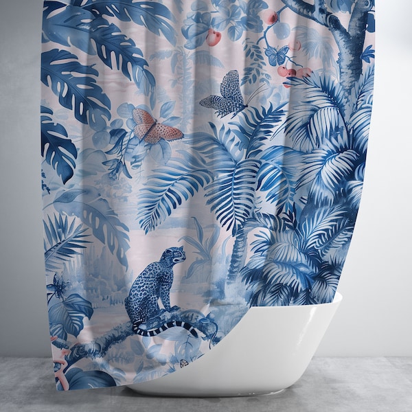 Pastel Shower Curtain - Tropical Blue Jungle Shower Curtain - Bright Bold Decor - Blue and Pink - Maximalist Home Aesthetic