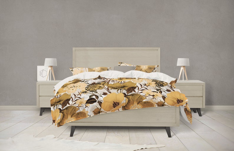 Queen Duvet Cover Mustard Vintage Flower Pattern Bedding Etsy